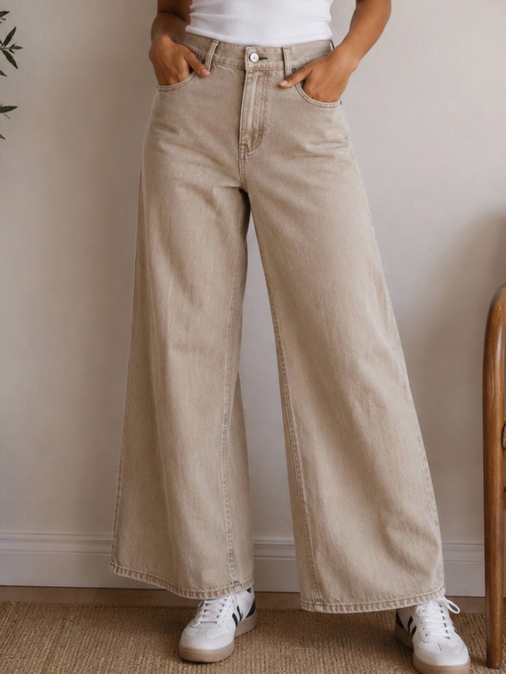 Wide Leg High-Rise Jeans in Light Beige - Women's (Made in the USA)
